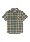 Front view of kids green gray plaid short sleeve shirt