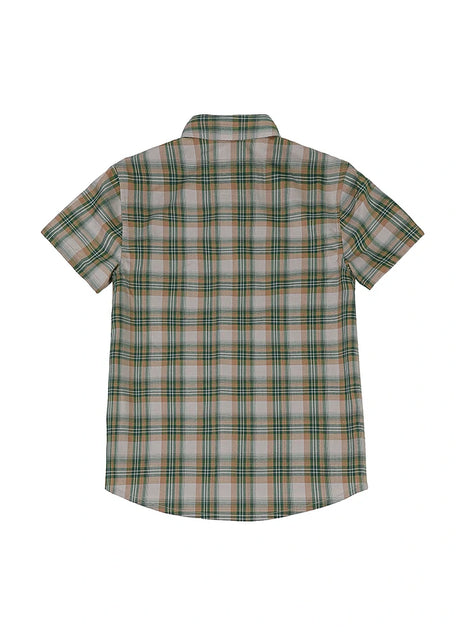 Back view of kids green gray plaid short sleeve shirt
