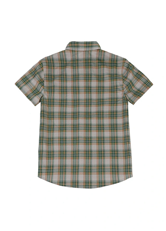 Back view of kids green gray plaid short sleeve shirt