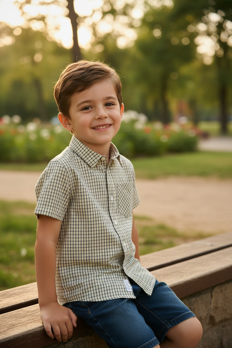 Kids Button Up Short Sleeve Shirt 模特图