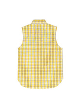 Back view of kid's lemon western snap plaid sleeveless vest