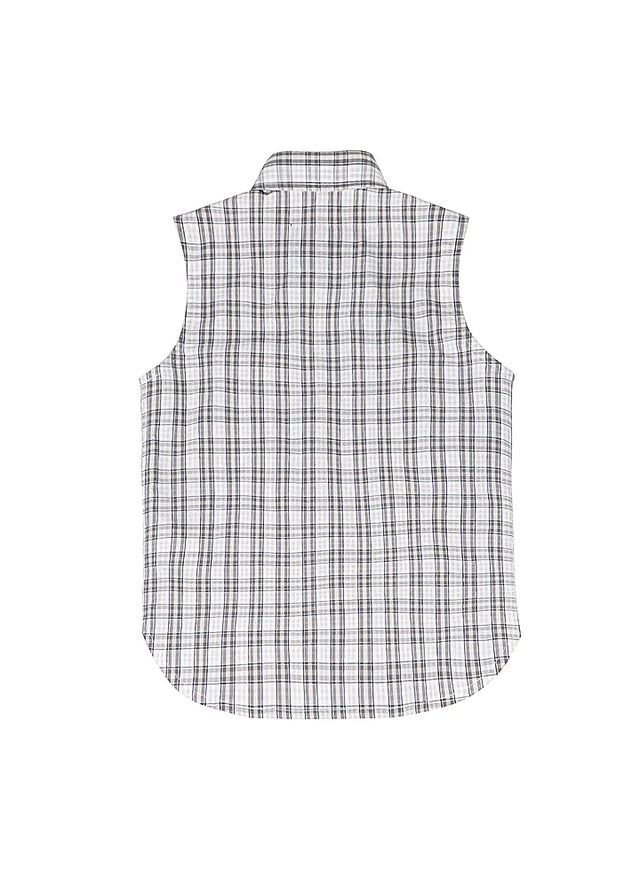 Back view of kid's cloud whisper western snap plaid sleeveless vest