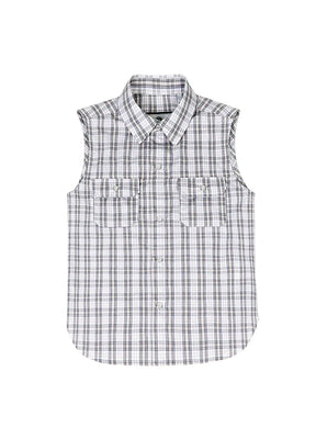 Front view of kid's white western snap plaid vest