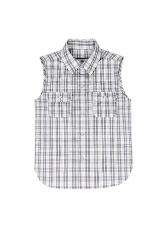 Front view of kid's white western snap plaid vest