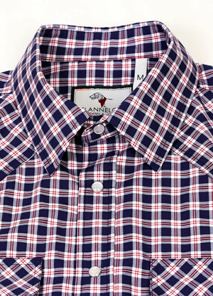 Detail of kids navy red short-sleeve shirt with snap button front closure