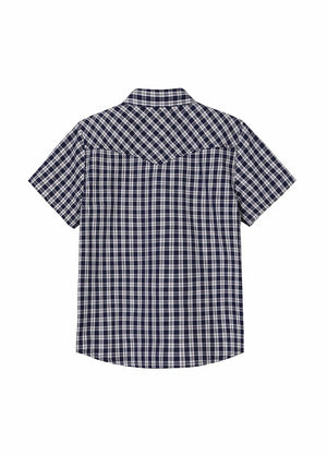 Back view of kids black and white short-sleeve western shirt