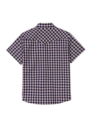 Back view of kids navy red short-sleeve western shirt