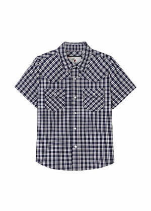 Front view of kids black and white short-sleeve western shirt