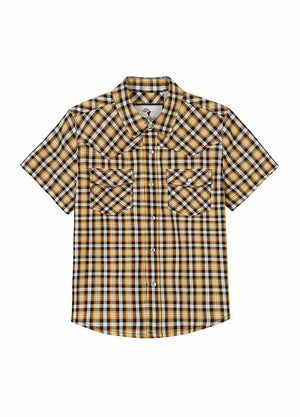 Front view of kids yellow short-sleeve western shirt