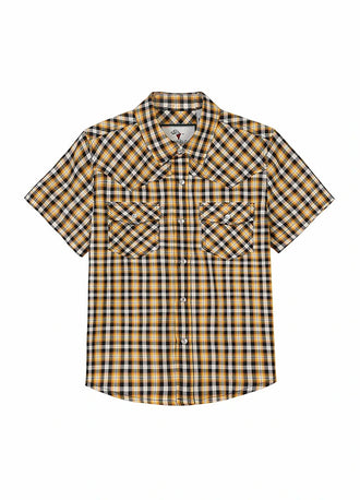 Front view of kids yellow short-sleeve western shirt