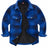 Front view of boys navy/black buffalo plaid shirt jacket