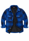 Front view of boys navy/black buffalo plaid shirt jacket