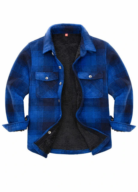 Front view of boys navy/black buffalo plaid shirt jacket