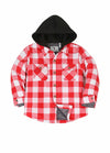 Front view of kids red white flannel shirt jacket buttoned
