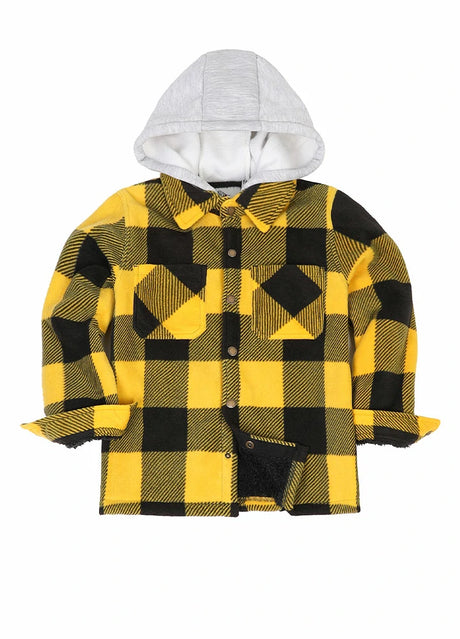 Front view of kids yellow black sherpa lined warm fleece plaid jacket