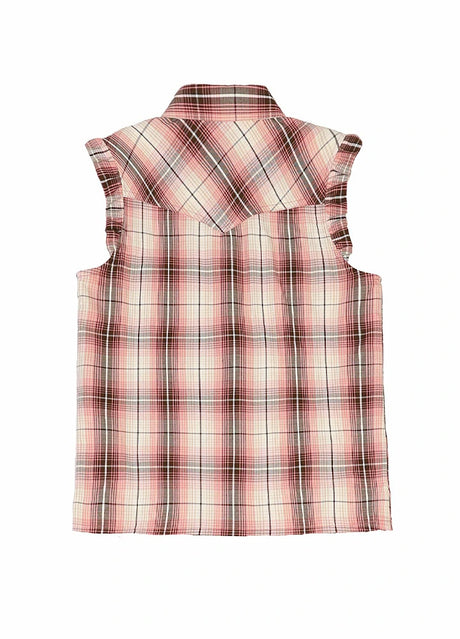 Back view of blush noir kid's pearl snap western plaid vest