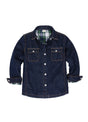 Front view of kids dark blue flannel lined jean shacket 