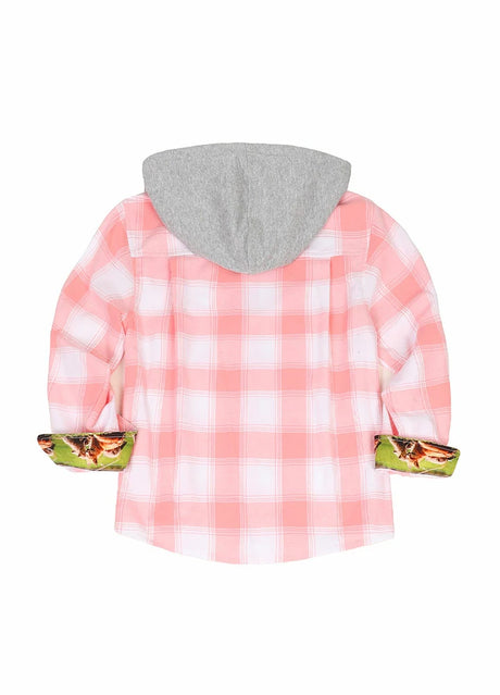 Back view of kid's wildlife adventure single layer hooded shirt