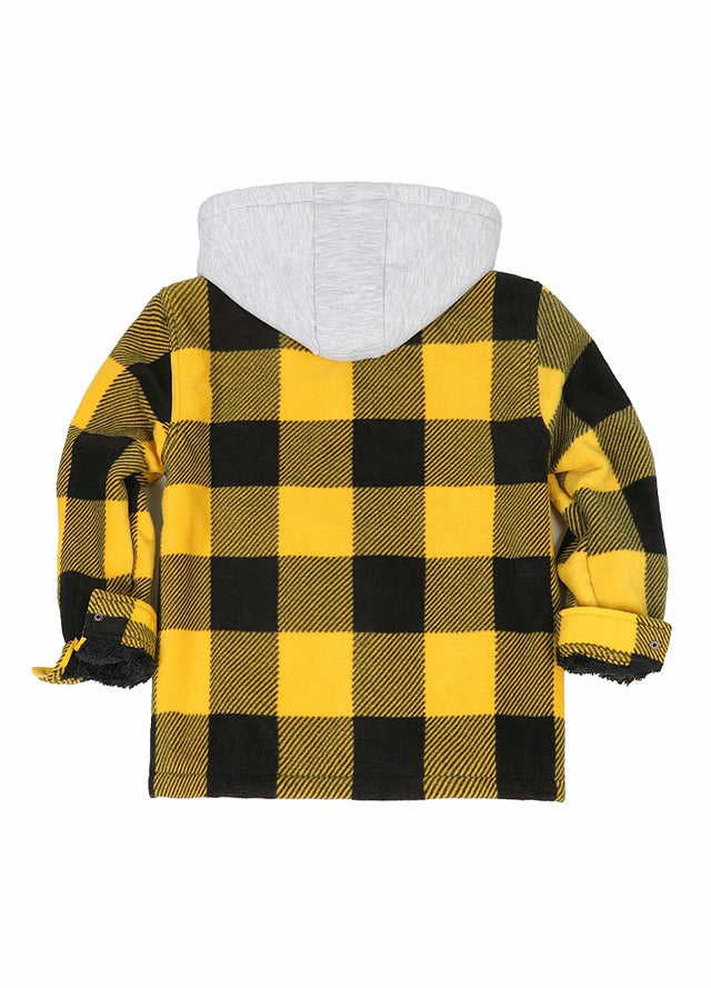 Back view of kids yellow black sherpa lined plaid jacket