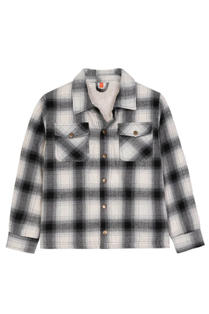 Front view of white and black toddler sherpa lined snap flannel plaid shacket