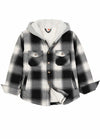 Front view of kids fleece-lined white black flannel jacket