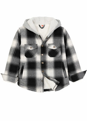 Front view of kids fleece-lined white black flannel jacket