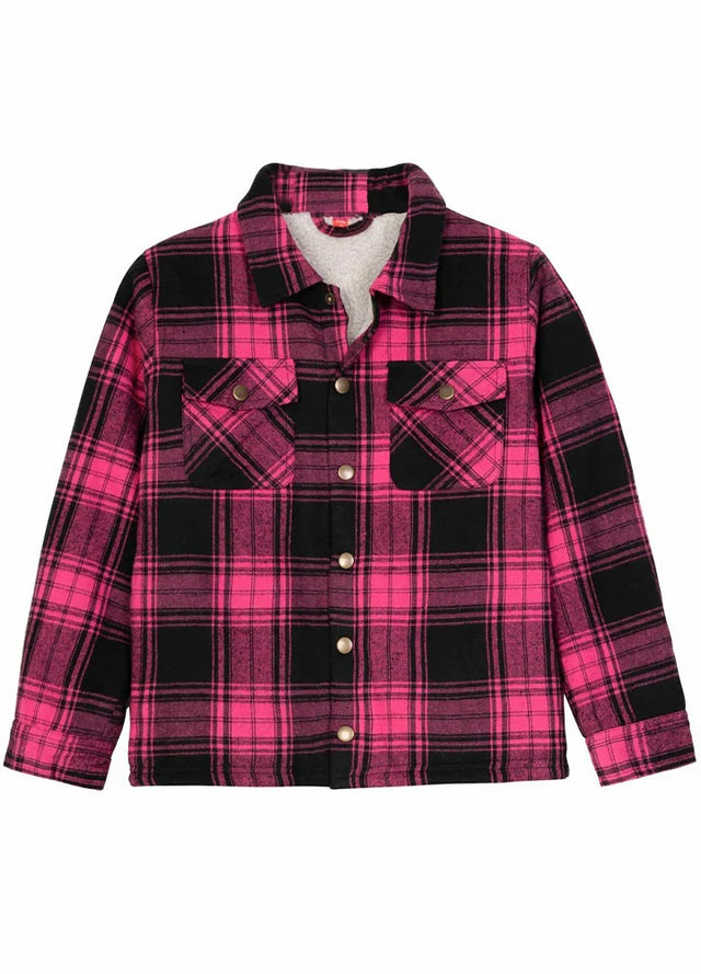 Front view of kids pink flannel shacket