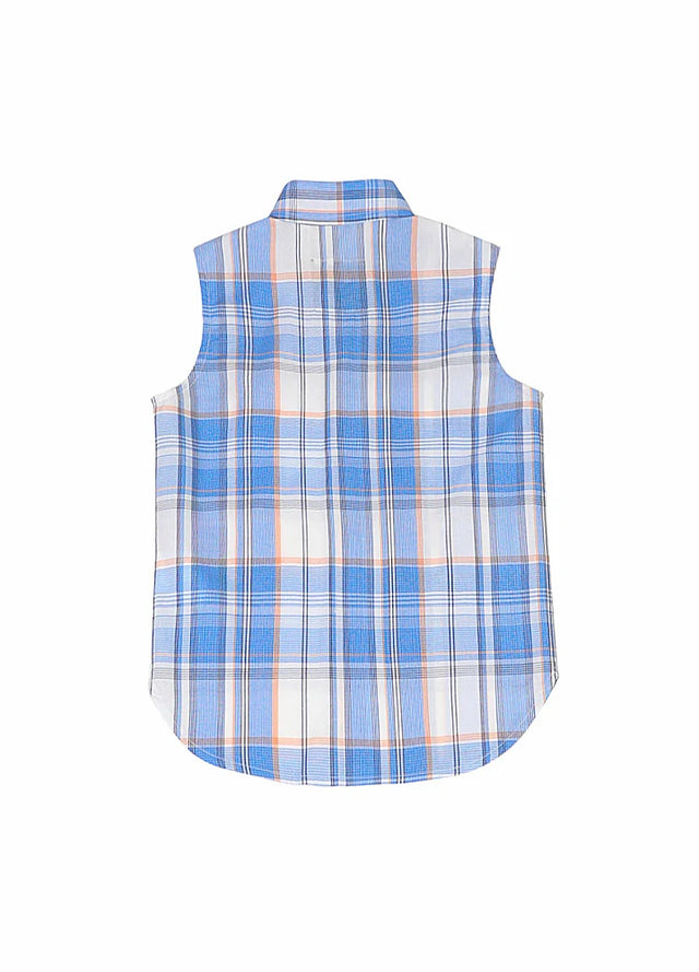 Back view of kid's ocean foam western snap plaid sleeveless vest