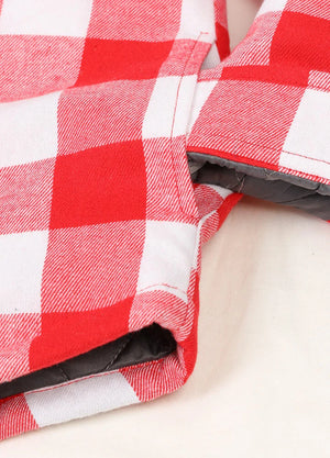 Close-up of kids red white flannel shirt jacket pocket with button
