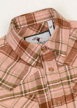 Detail of kids rose latte short-sleeve shirt with snap button front closure