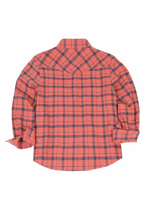 Back view of watermelon red kid's long-sleeve western shirt