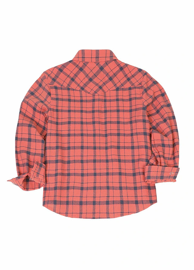 Back view of watermelon red kid's long-sleeve western shirt