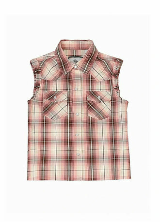Front view of pink kid's pearl snap western plaid vest