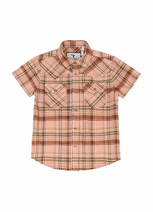 Front view of kids orange short-sleeve western shirt
