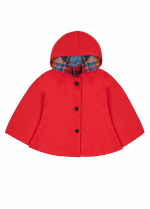 Front view of kids red reversible wool blend cape