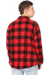 A boy in red shirt jacket with his back to the camera