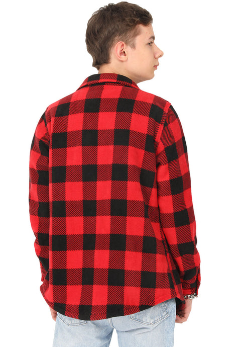 A boy in red shirt jacket with his back to the camera