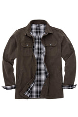 Front view of men's brown flannel lined heavy utility shirt jacket