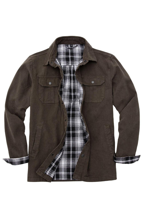 Front view of men's brown flannel lined heavy utility shirt jacket