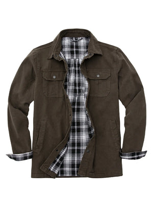 Front view of men's brown flannel lined heavy utility shirt jacket