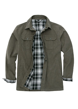 Front view of men's gray flannel lined heavy utility shirt jacket