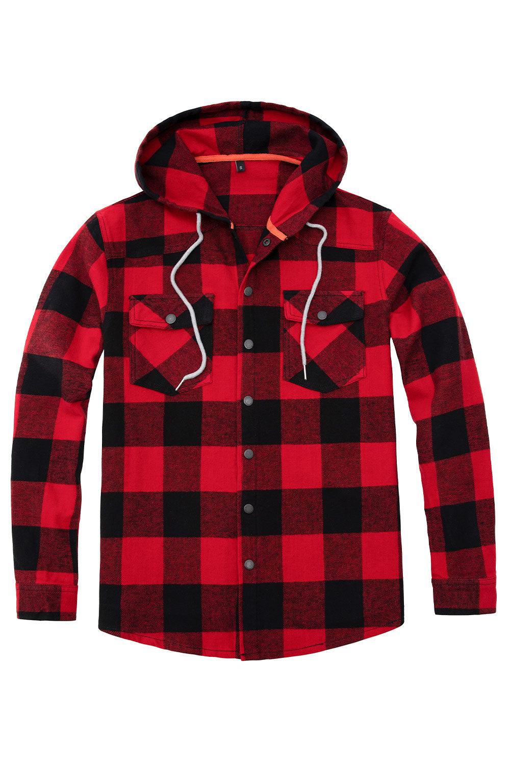 Men's Heavyweight Flannel Hoodie,Double Brushed 100% Cotton, Red Buffalo Plaid / S
