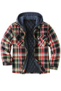 Front view of green red men's cozy thick plaid hooded flannel shirt jacket