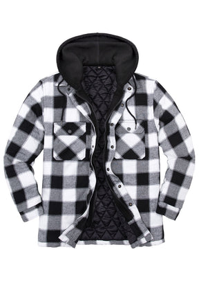 Front view of black grey men's warm thicken plaid hooded flannel shirt jacket-XR105BG0M,XR105BG0L,XR105BG0XL,XR105BG0XXL