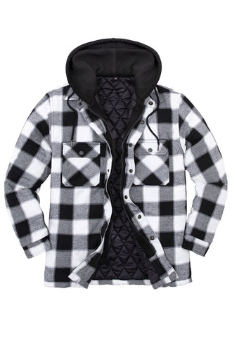Front view of black grey men's warm thicken plaid hooded flannel shirt jacket-XR105BG0M,XR105BG0L,XR105BG0XL,XR105BG0XXL