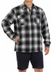 A man with one hand in the pocket in a black white full zip up plaid shirt jacket for men
