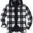 Front view of black men's fleece plaid jacket with removable hood