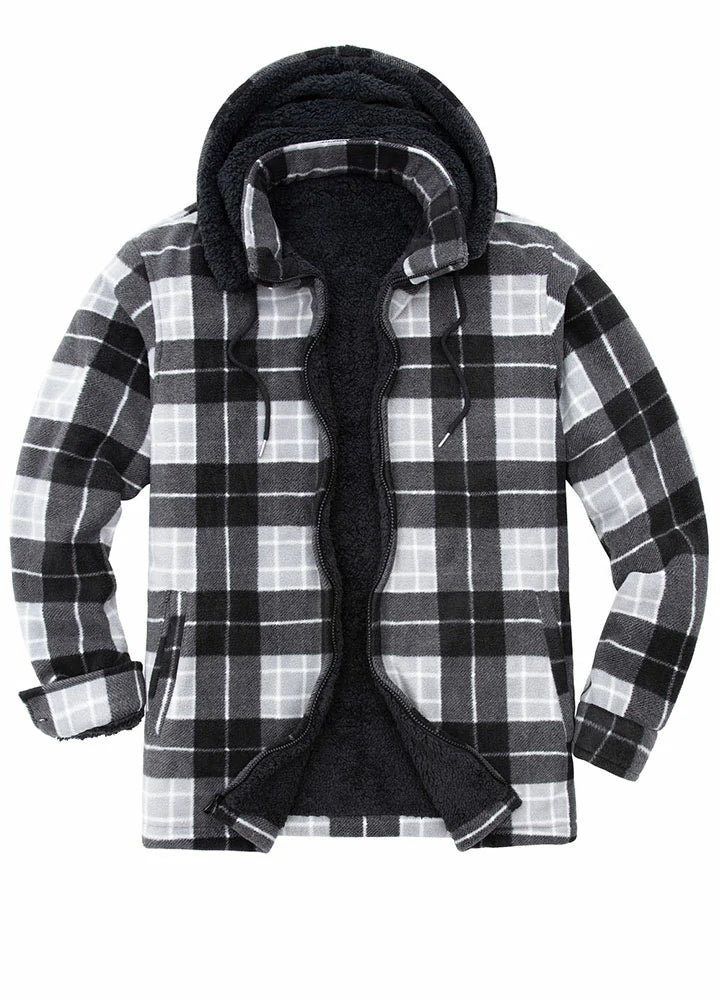 Men s Fleece Plaid Shirt Jacket with Removable Hood