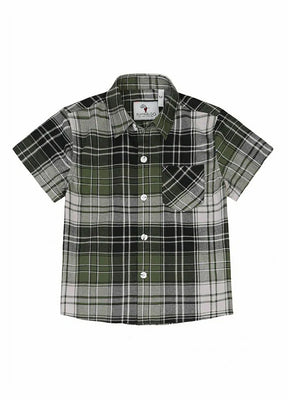 Front view of kids green short sleeve flannel shirt