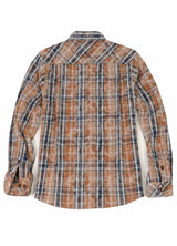 Back view of a blue and brown men's midweight acid washed plaid flannel shirt